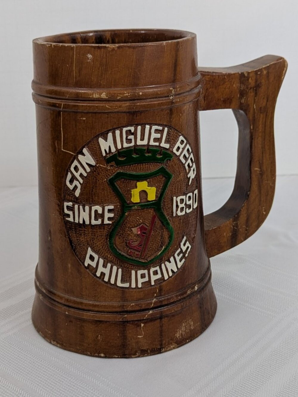 San Miguel wooden beer stein hand carved vintage 8" tall